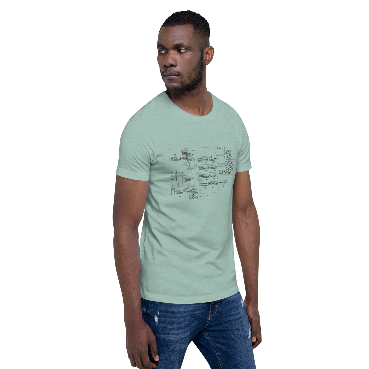 Man wearing mint green t-shirt with vintage slot machine schematic diagram, quirky gaming apparel for players