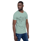Man wearing mint green t-shirt with vintage slot machine schematic diagram, quirky gaming apparel for players