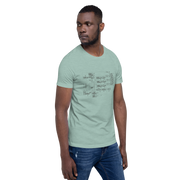 Man wearing mint green t-shirt with vintage slot machine schematic diagram, quirky gaming apparel for players