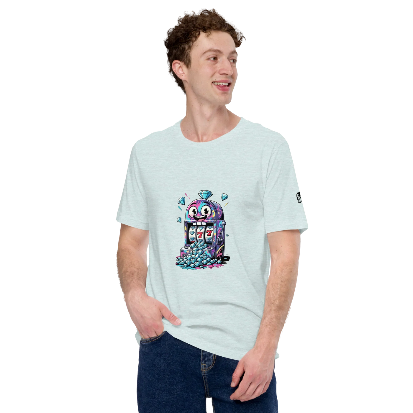Man wearing light blue t-shirt with colorful slot machine graphic featuring lucky 7s and diamonds