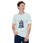 Man wearing light blue t-shirt with colorful slot machine graphic featuring lucky 7s and diamonds