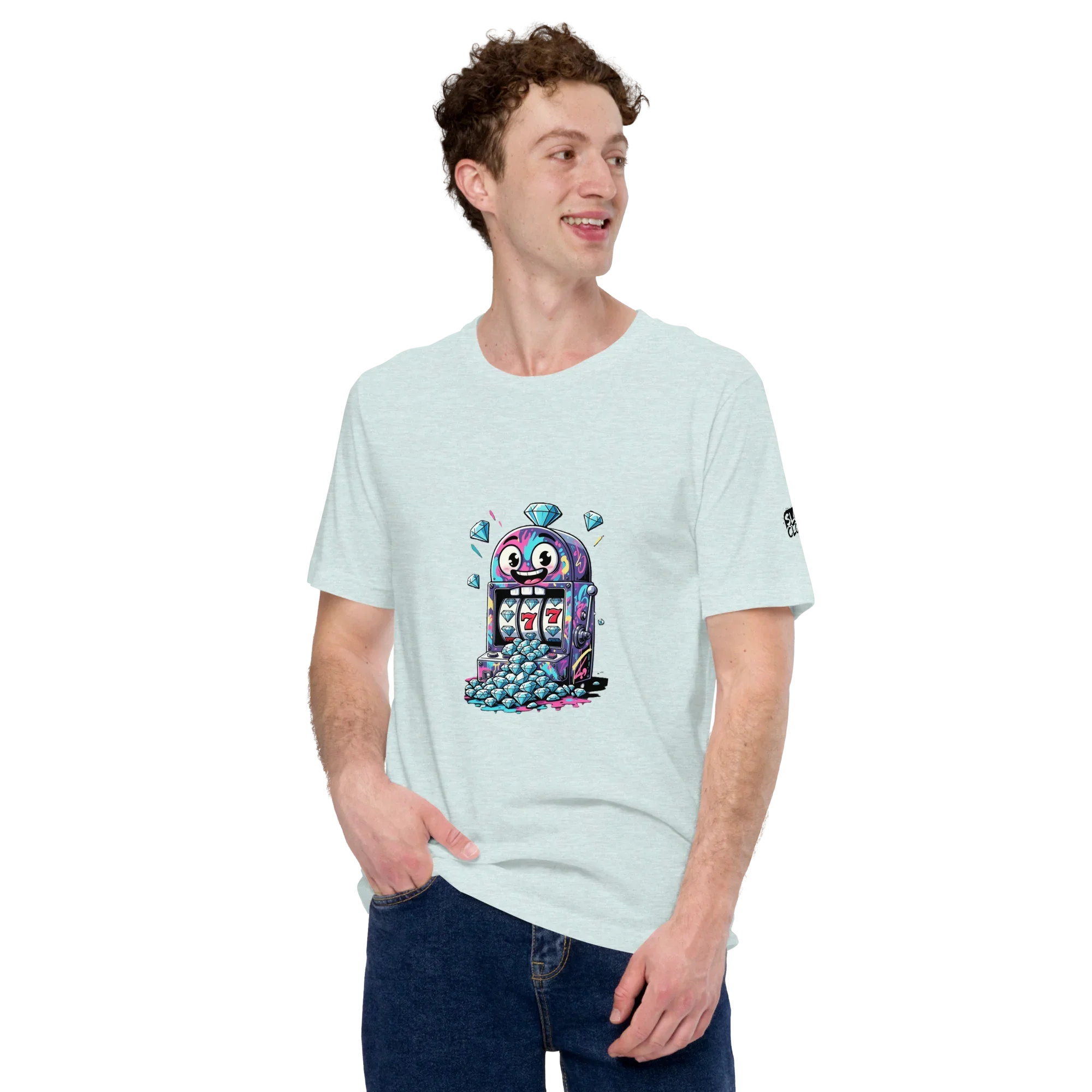 Man wearing light blue t-shirt with colorful slot machine graphic featuring lucky 7s and diamonds