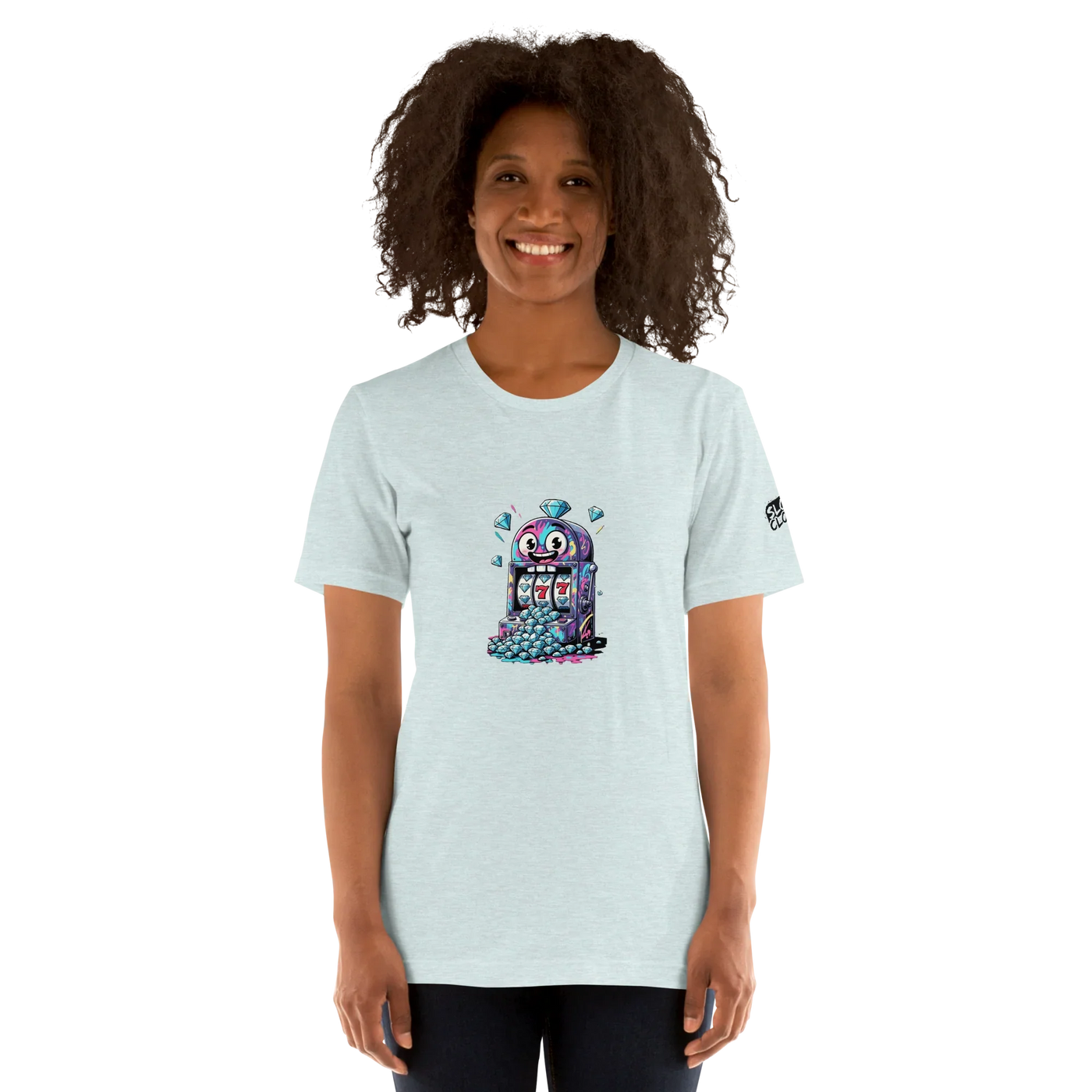Light blue t-shirt with colorful slot machine graphic, perfect for casino lovers and players