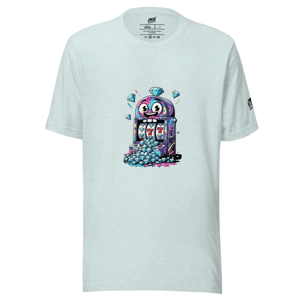 Slot-themed t-shirt with colorful jackpot design and diamond graphics