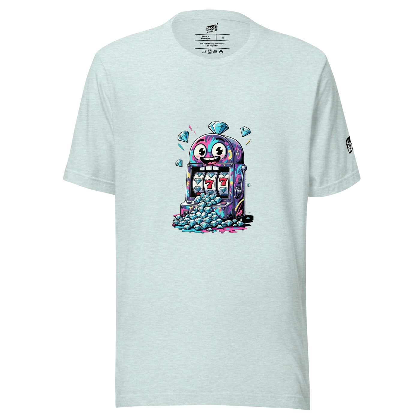 Slot-themed t-shirt with colorful jackpot design and diamond graphics
