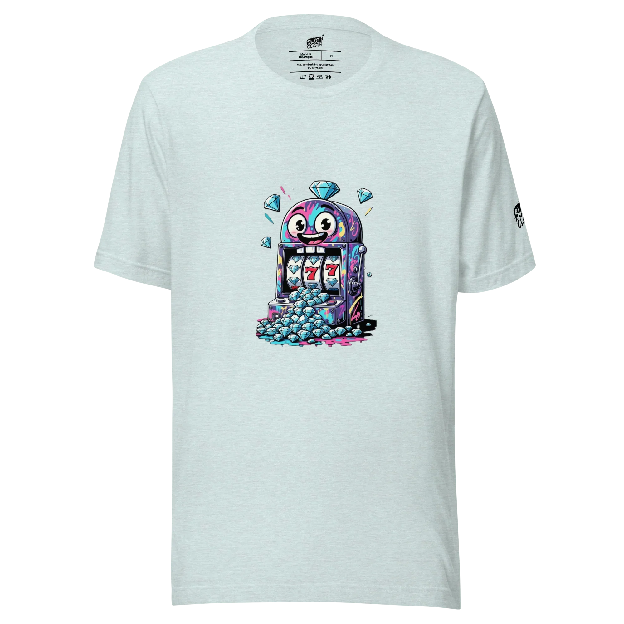 Slot-themed t-shirt with colorful jackpot design and diamond graphics