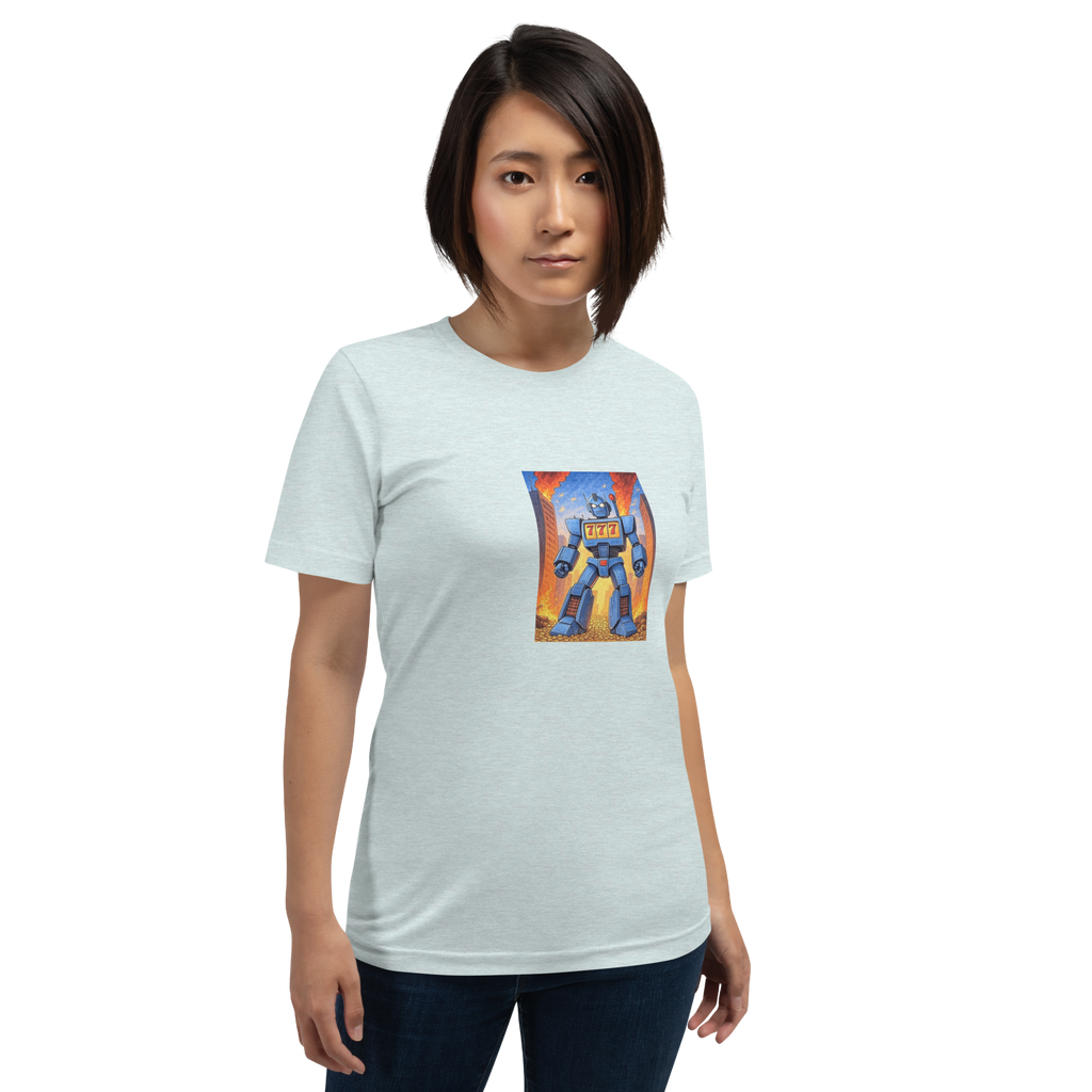 Woman wearing light gray t-shirt with blue robot and 777 design, slot-themed apparel