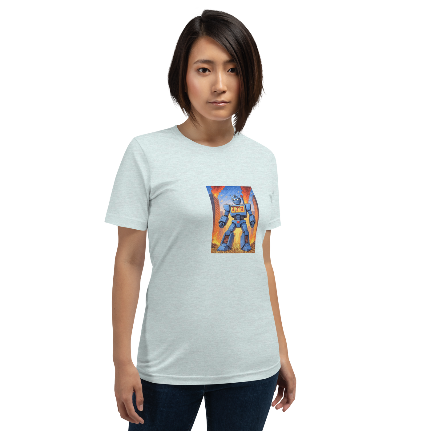 Woman wearing light gray t-shirt with blue robot and 777 design, slot-themed apparel