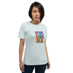 Woman wearing light gray t-shirt with blue robot and 777 design, slot-themed apparel