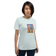 Woman wearing light gray t-shirt with blue robot and 777 design, slot-themed apparel