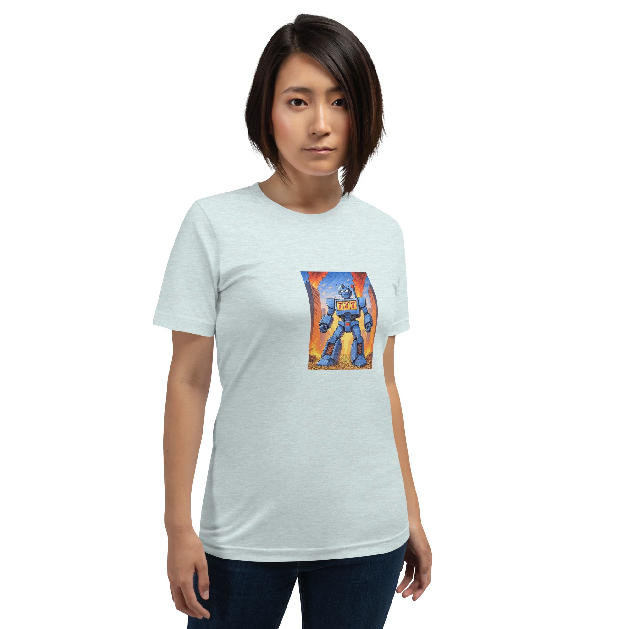 Woman wearing light gray t-shirt with blue robot and 777 design, slot-themed apparel
