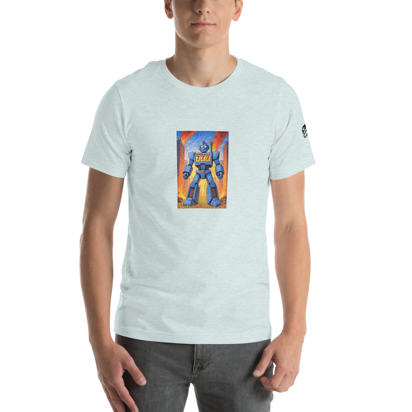 Light blue t-shirt with robot slot machine graphic, 777 design, quirky gaming apparel for players