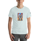 Light blue t-shirt with robot slot machine graphic, 777 design, quirky gaming apparel for players