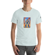 Light blue t-shirt with robot slot machine graphic, 777 design, quirky gaming apparel for players