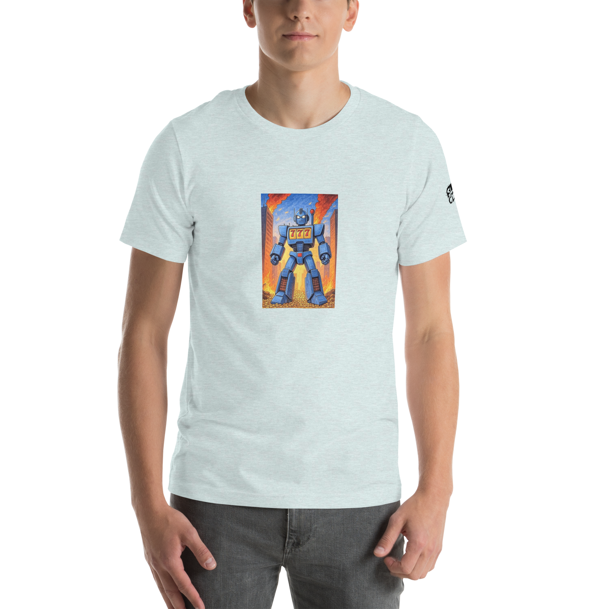 Light blue t-shirt with robot slot machine graphic, 777 design, quirky gaming apparel for players