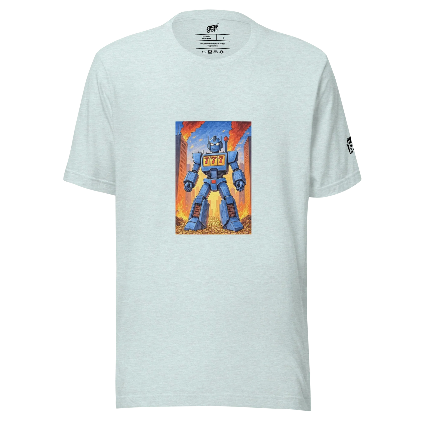 Blue robot with 777 slot design on light gray t-shirt, fiery city background