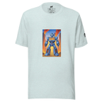 Blue robot with 777 slot design on light gray t-shirt, fiery city background