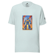 Blue robot with 777 slot design on light gray t-shirt, fiery city background