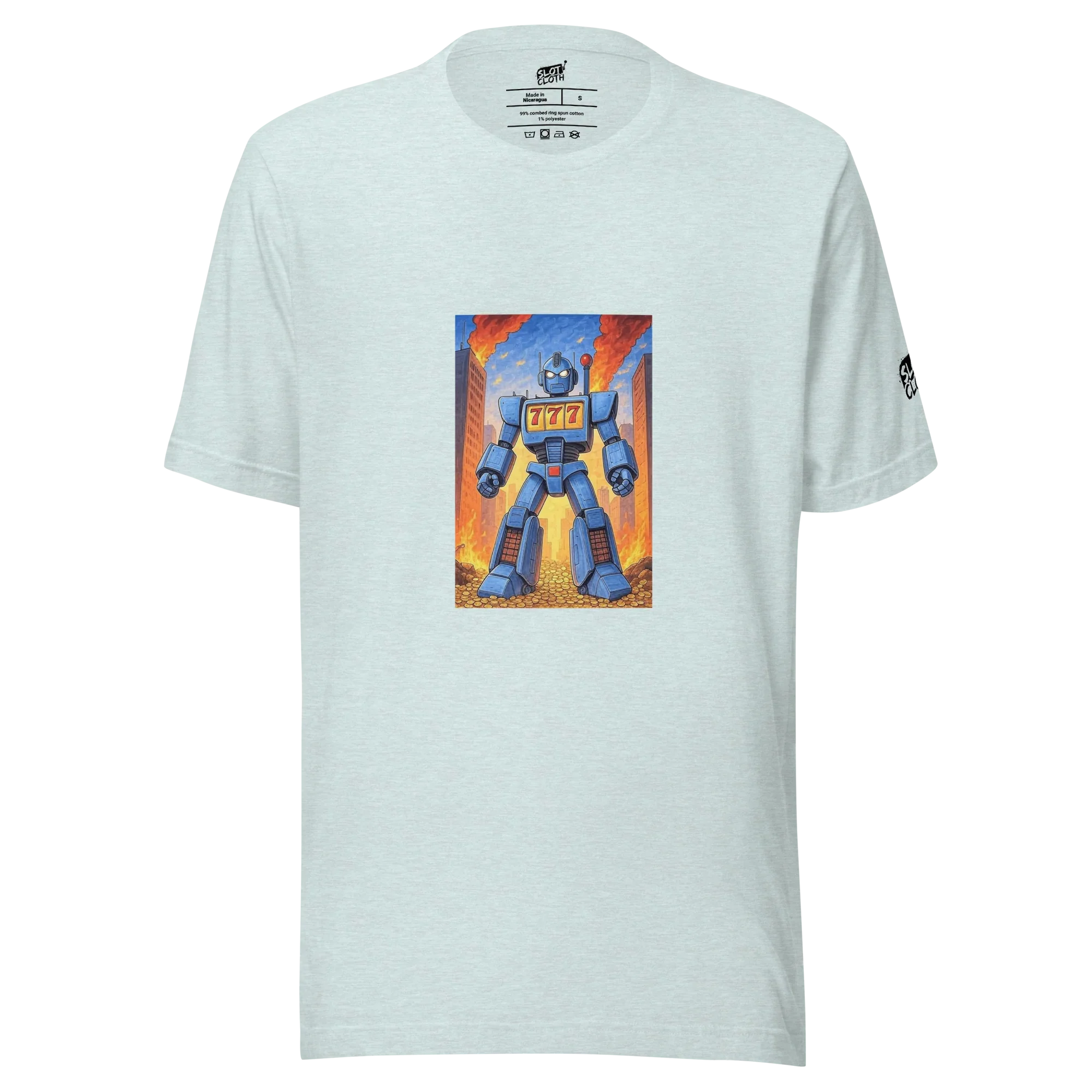 Blue robot with 777 slot design on light gray t-shirt, fiery city background