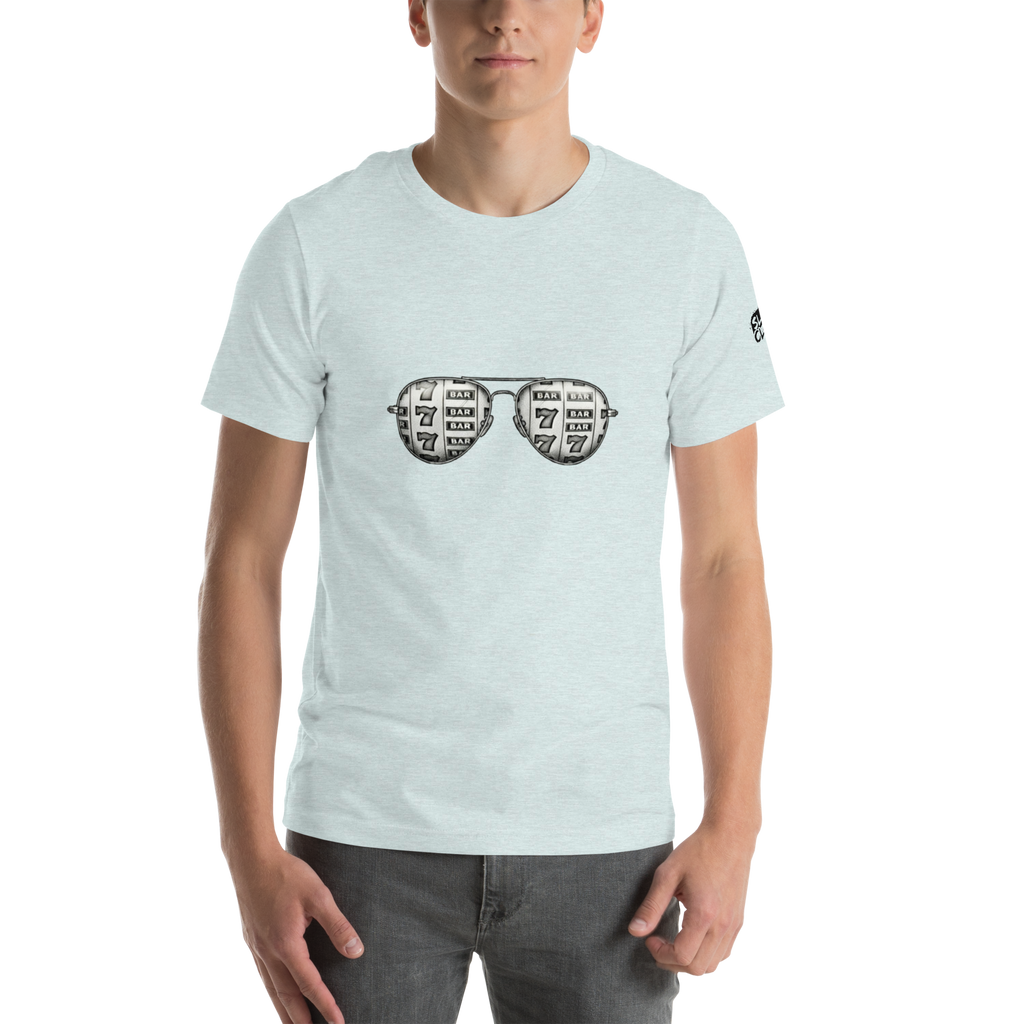 Light blue t-shirt with slot machine-themed sunglasses design featuring 7s and BAR symbols
