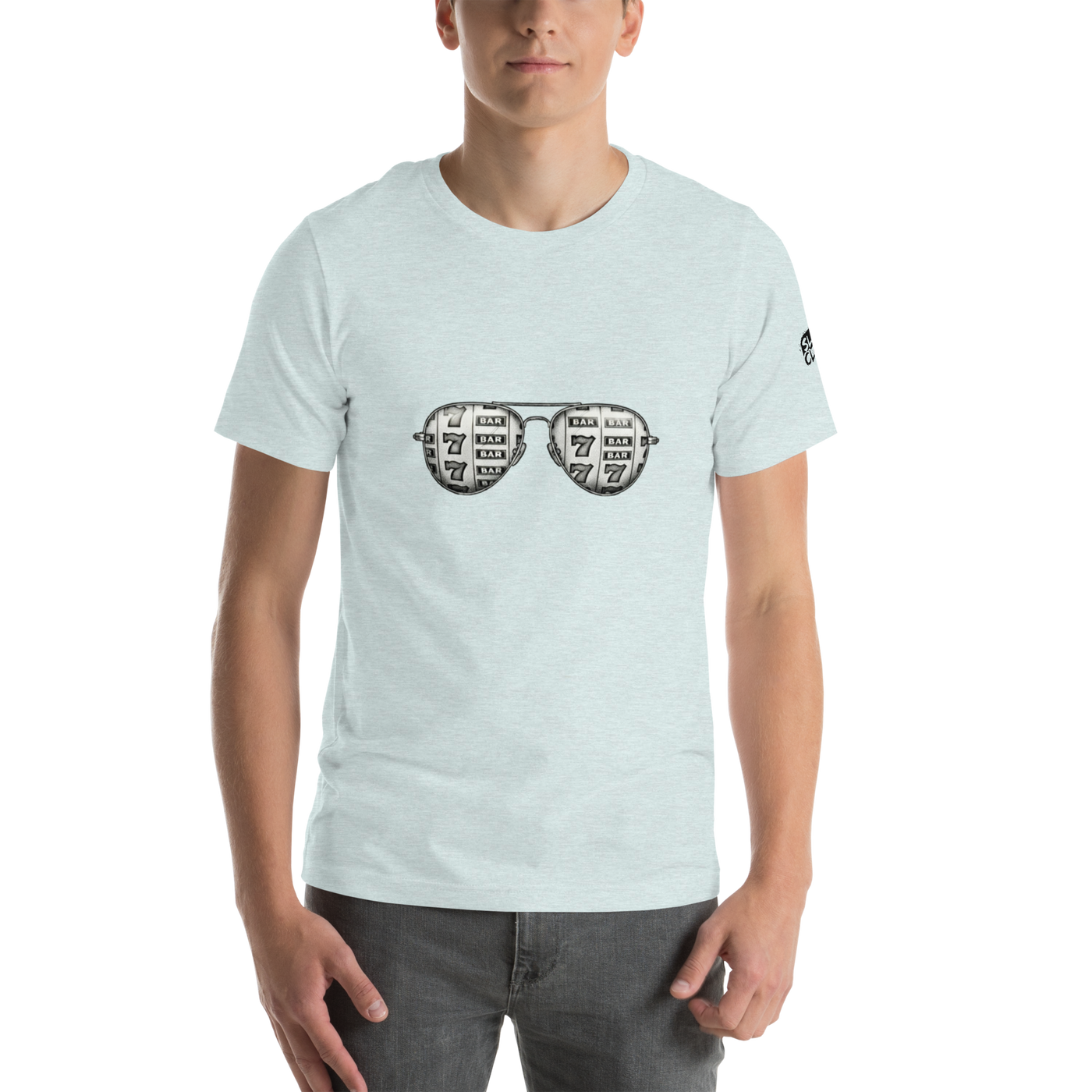 Light blue t-shirt with slot machine-themed sunglasses design featuring 7s and BAR symbols