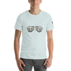 Light blue t-shirt with slot machine-themed sunglasses design featuring 7s and BAR symbols