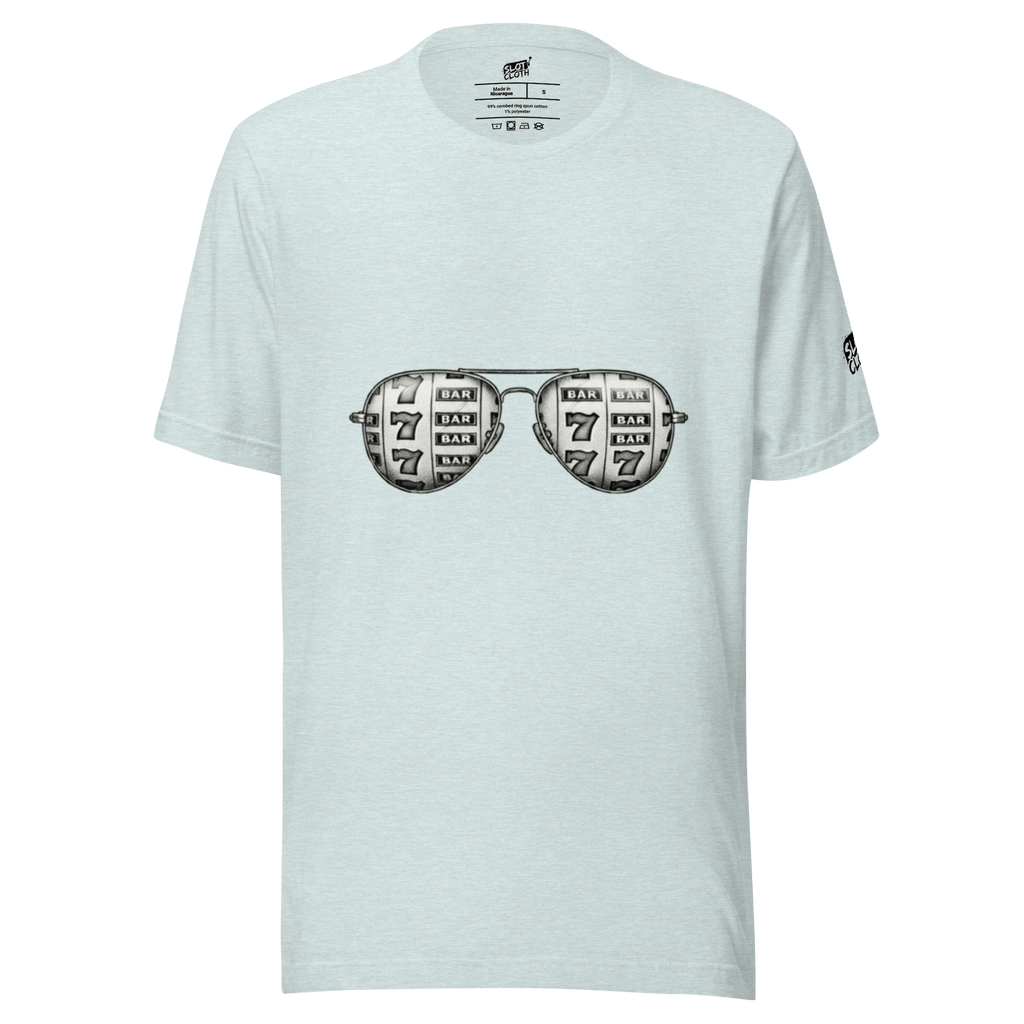 Slot-themed t-shirt with aviator sunglasses graphic featuring 7s and BAR symbols, perfect for casino fans.