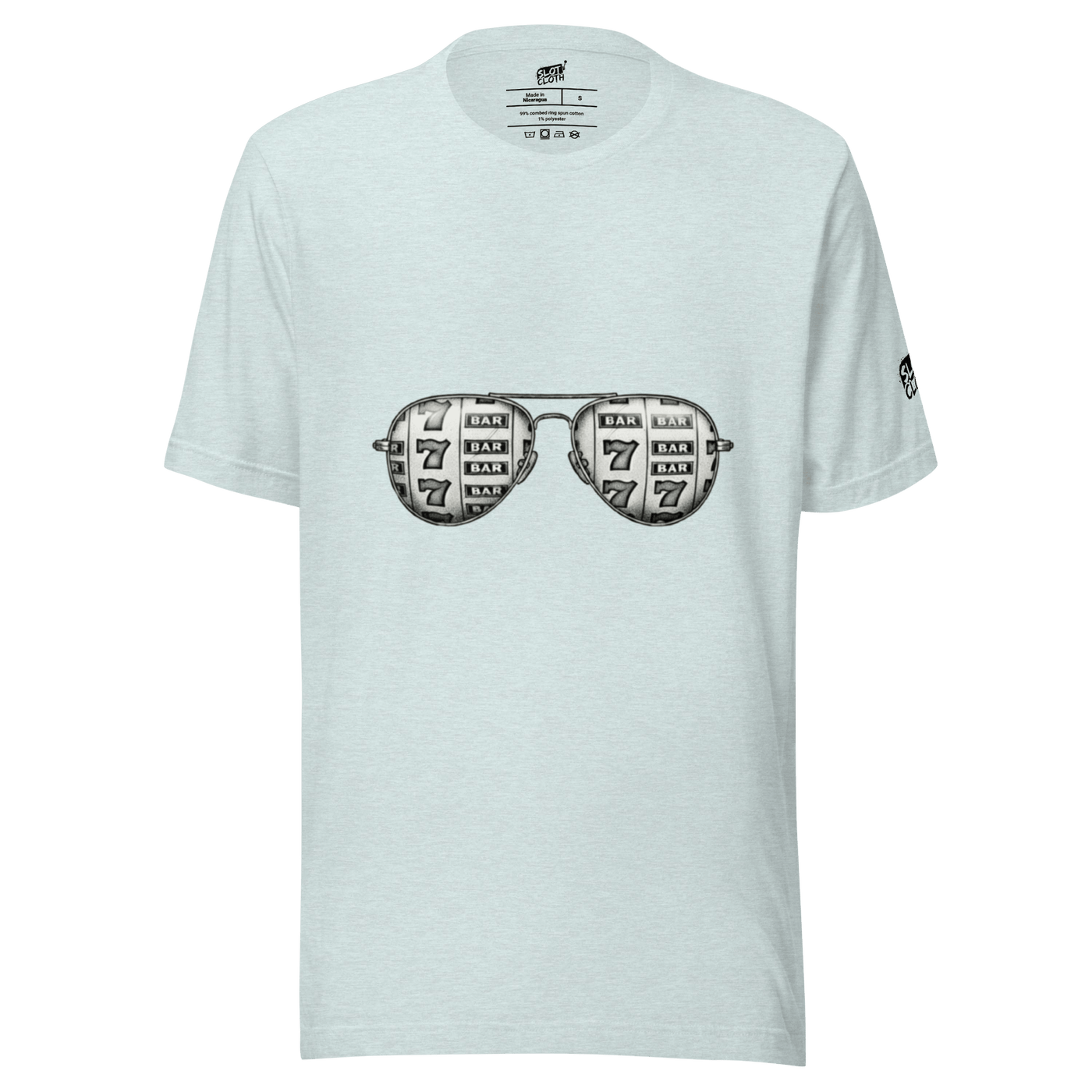 Slot-themed t-shirt with aviator sunglasses graphic featuring 7s and BAR symbols, perfect for casino fans.
