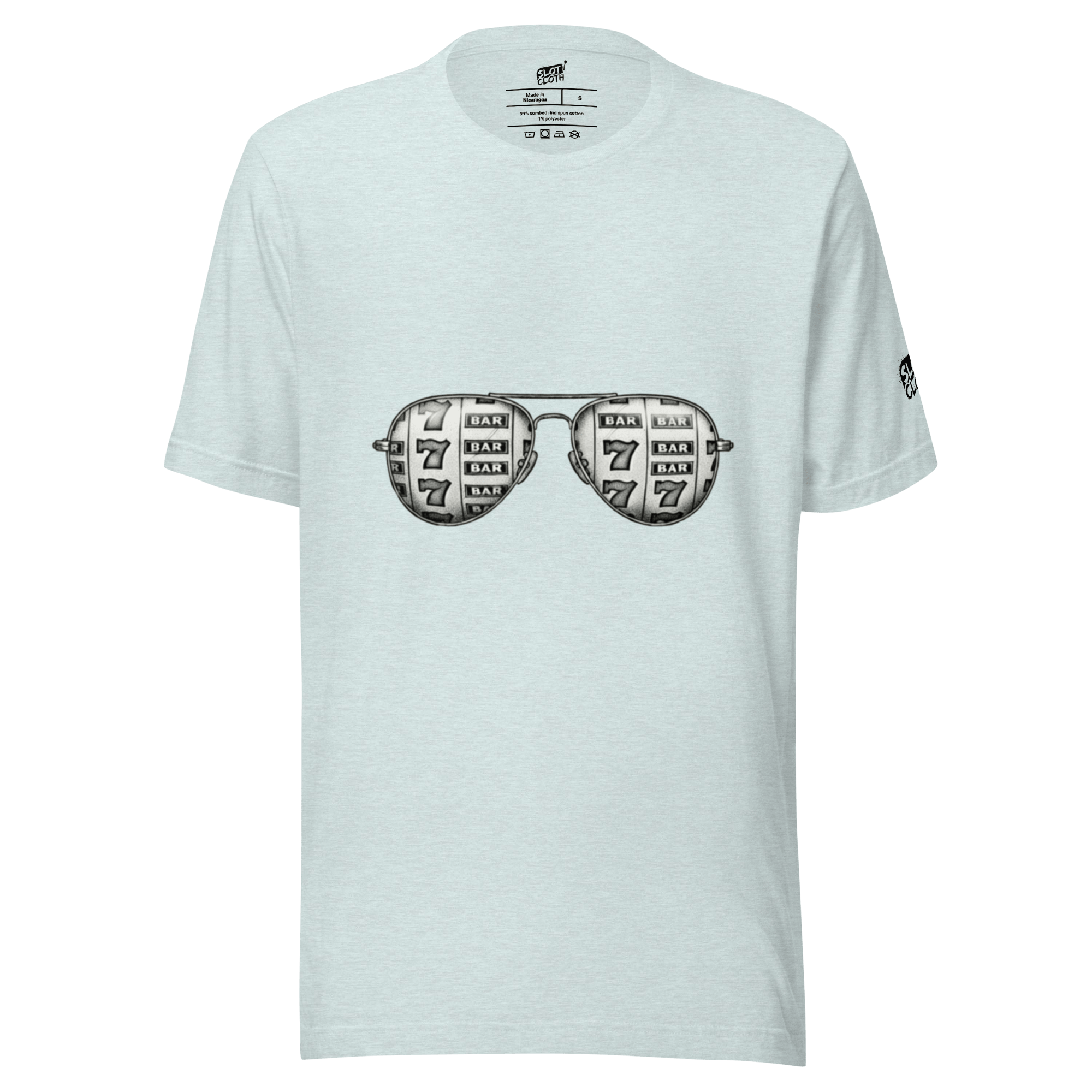Slot-themed t-shirt with aviator sunglasses graphic featuring 7s and BAR symbols, perfect for casino fans.