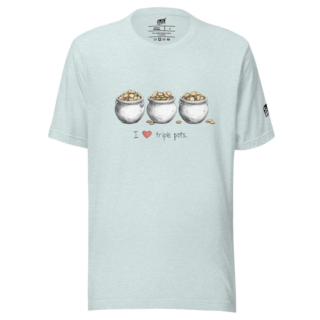 Light blue t-shirt with 'I ❤️ triple pots' graphic, featuring three pots of gold coins, slot-themed apparel.