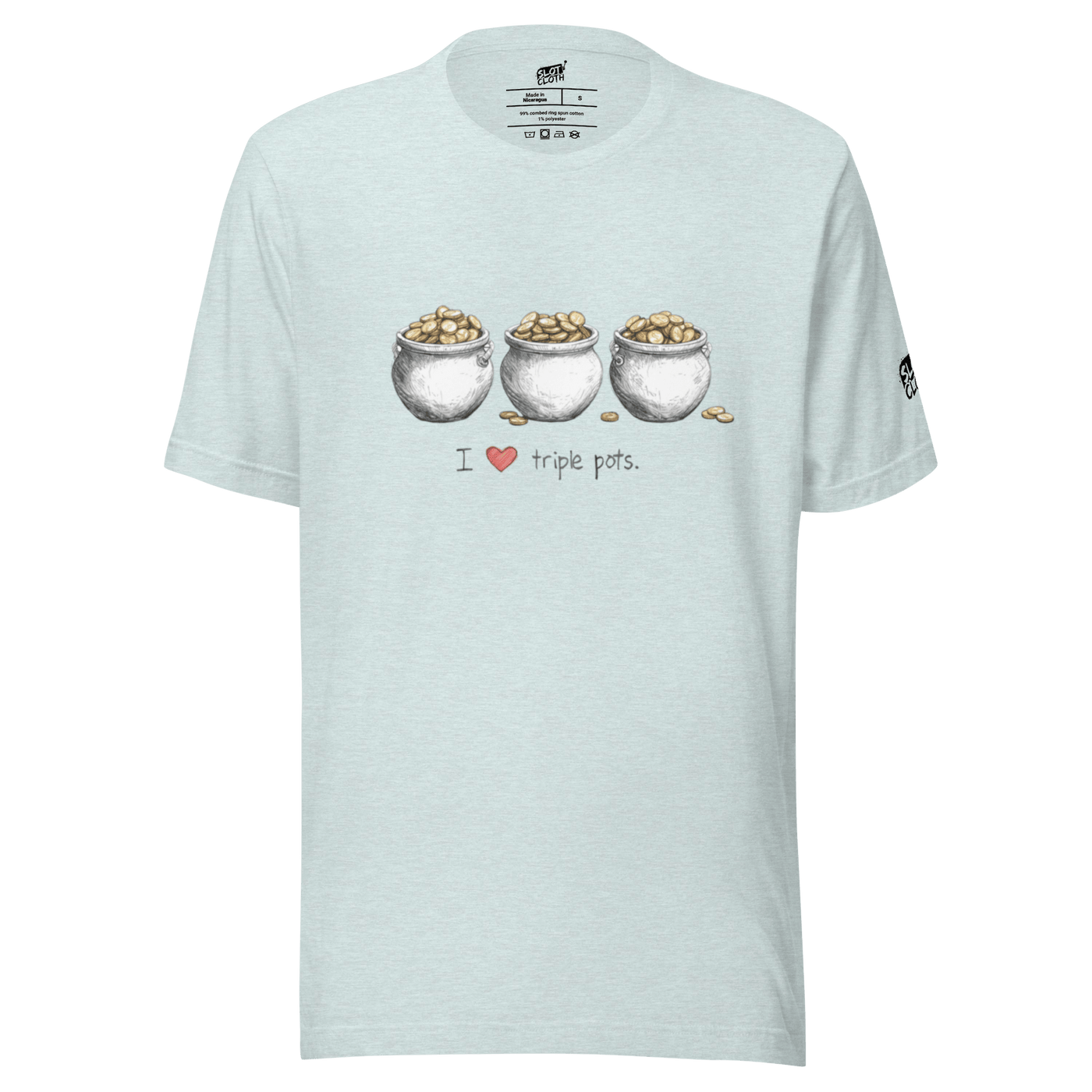 Light blue t-shirt with 'I ❤️ triple pots' graphic, featuring three pots of gold coins, slot-themed apparel.
