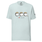 Light blue t-shirt with 'I ❤️ triple pots' graphic, featuring three pots of gold coins, slot-themed apparel.