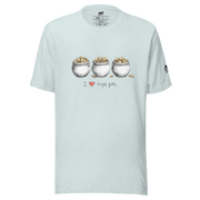 Light blue t-shirt with 'I ❤️ triple pots' graphic, featuring three pots of gold coins, slot-themed apparel.