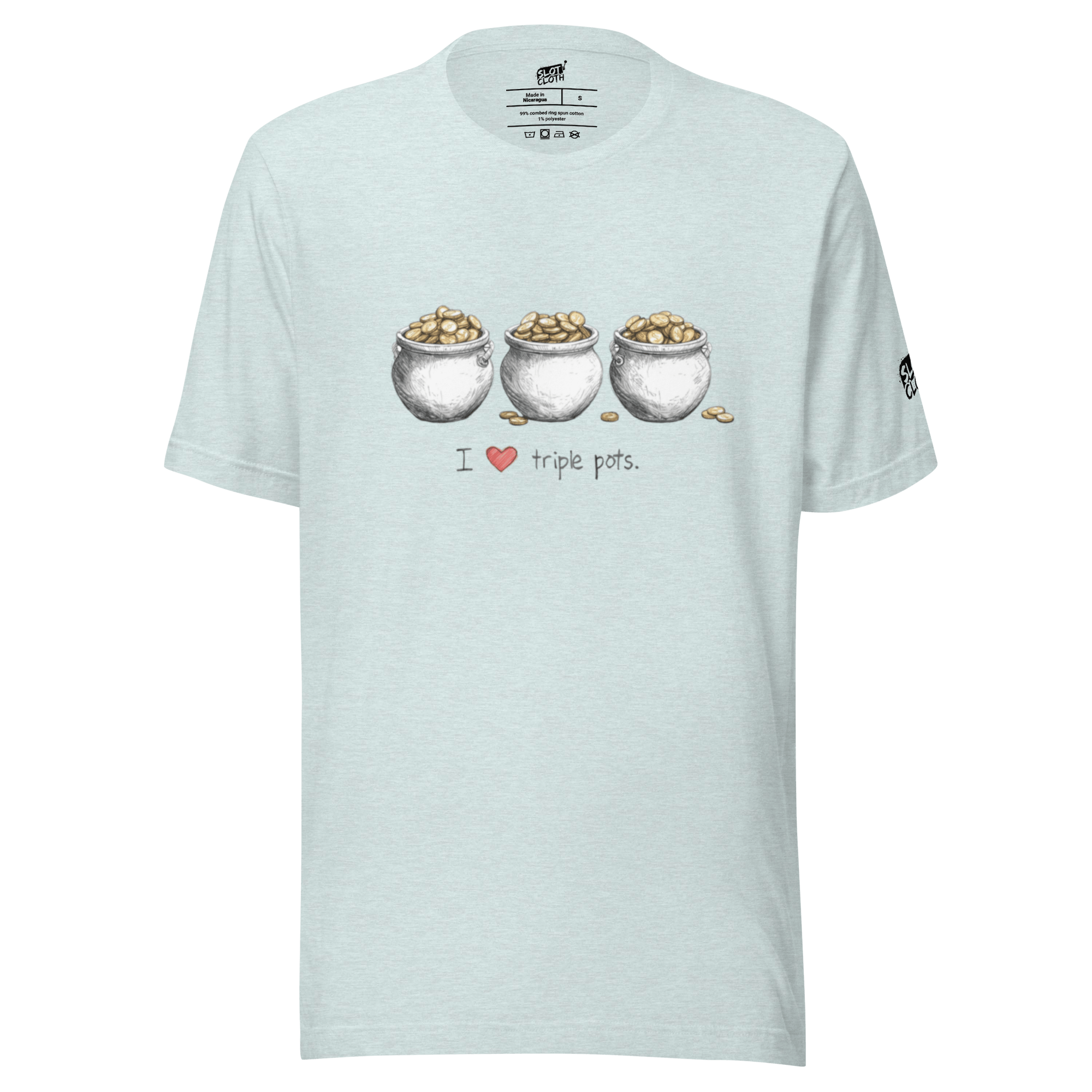 Light blue t-shirt with 'I ❤️ triple pots' graphic, featuring three pots of gold coins, slot-themed apparel.