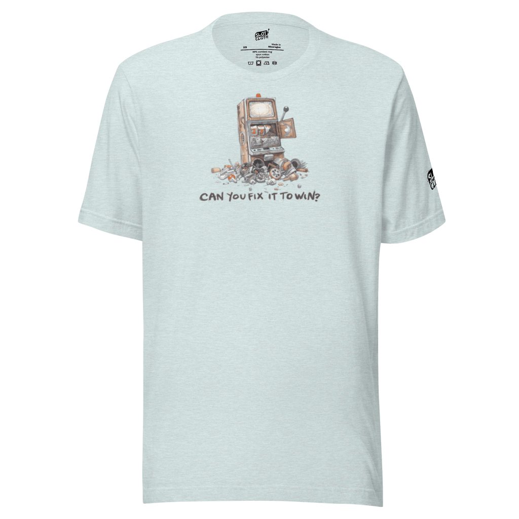 Light gray t-shirt with broken slot machine graphic and text 'CAN YOU FIX IT TO WIN?'