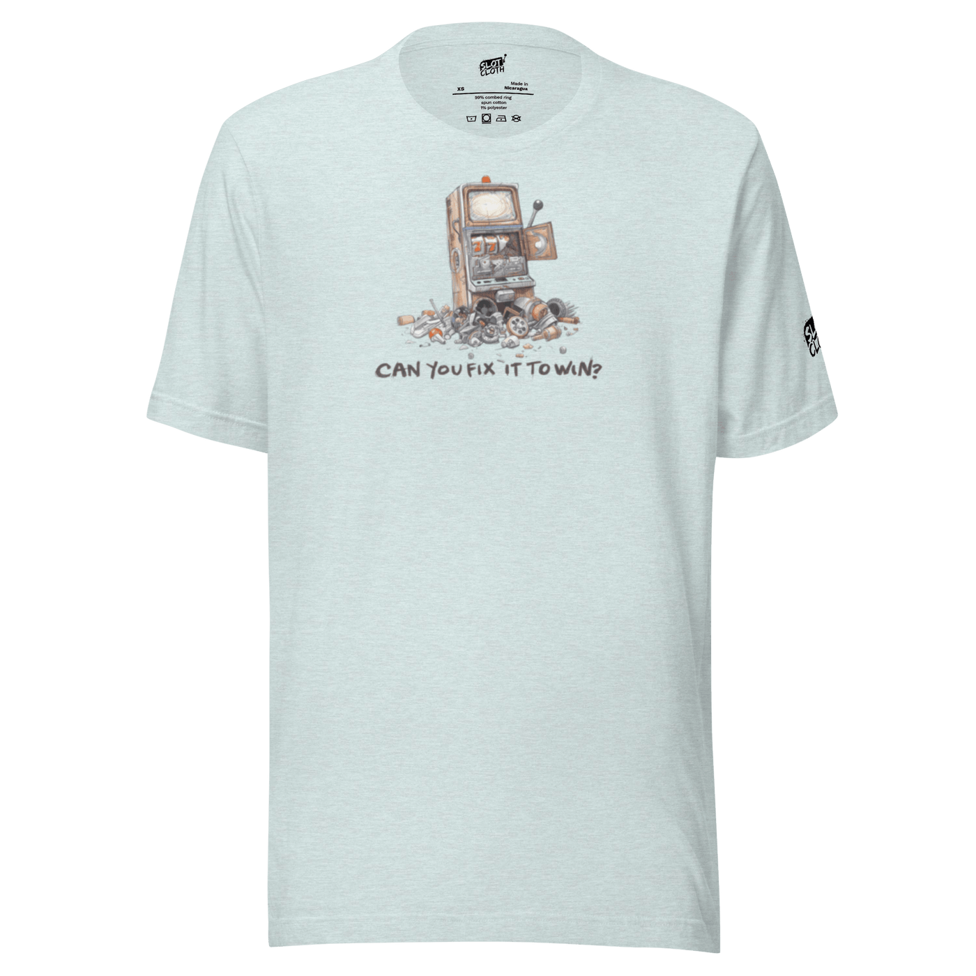 Light gray t-shirt with broken slot machine graphic and text 'CAN YOU FIX IT TO WIN?'