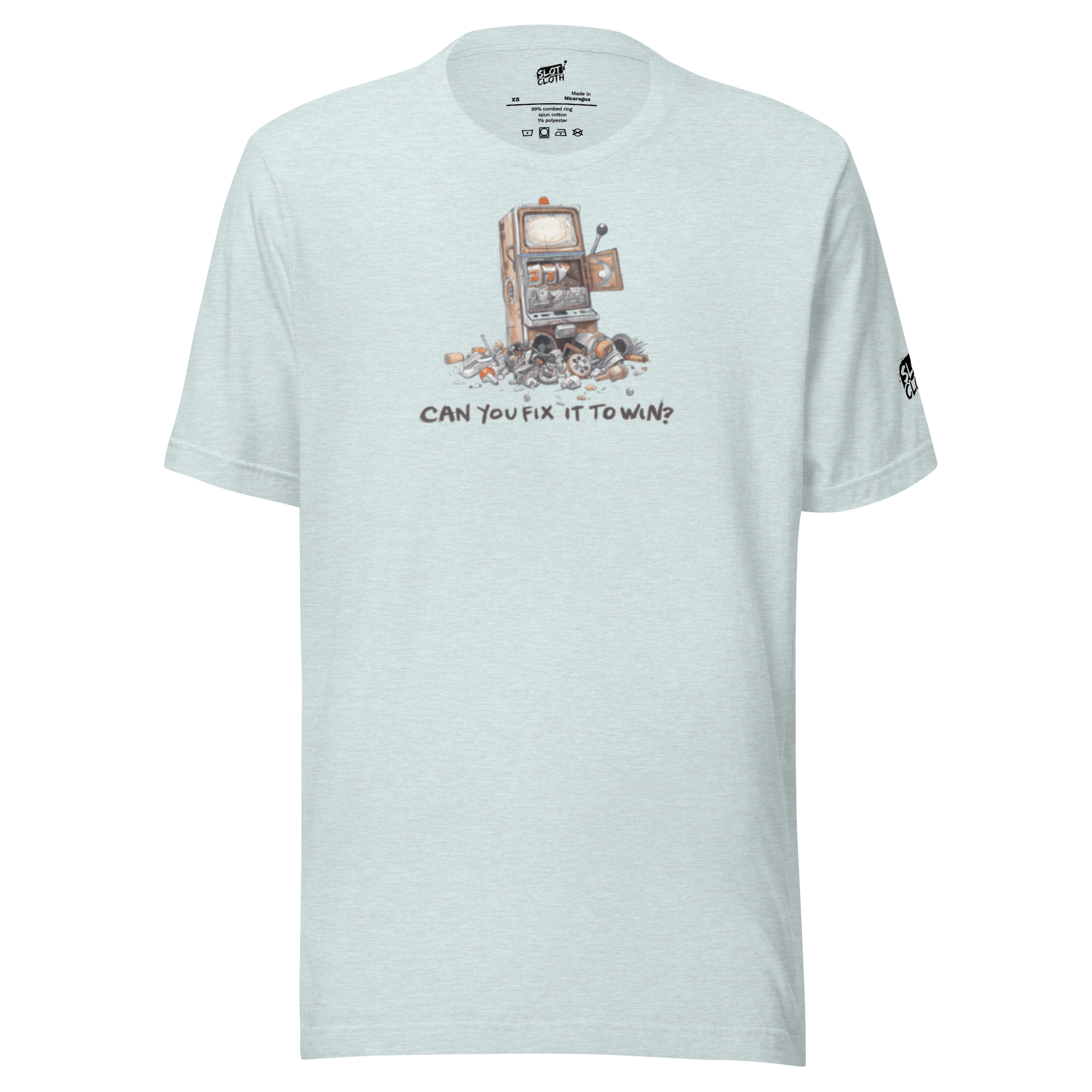Light gray t-shirt with broken slot machine graphic and text 'CAN YOU FIX IT TO WIN?'