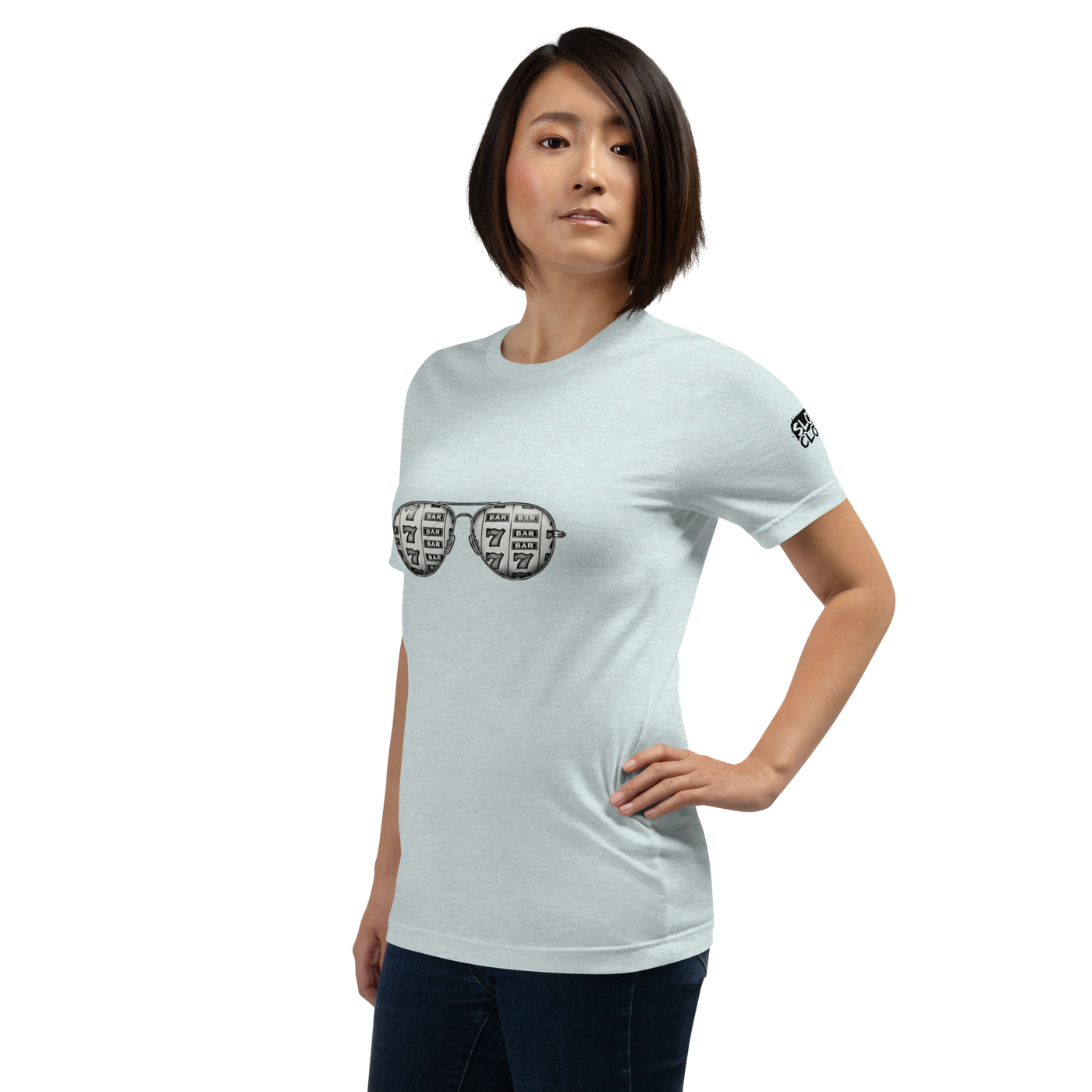 Light blue t-shirt with slot machine-themed sunglasses design for players and pros