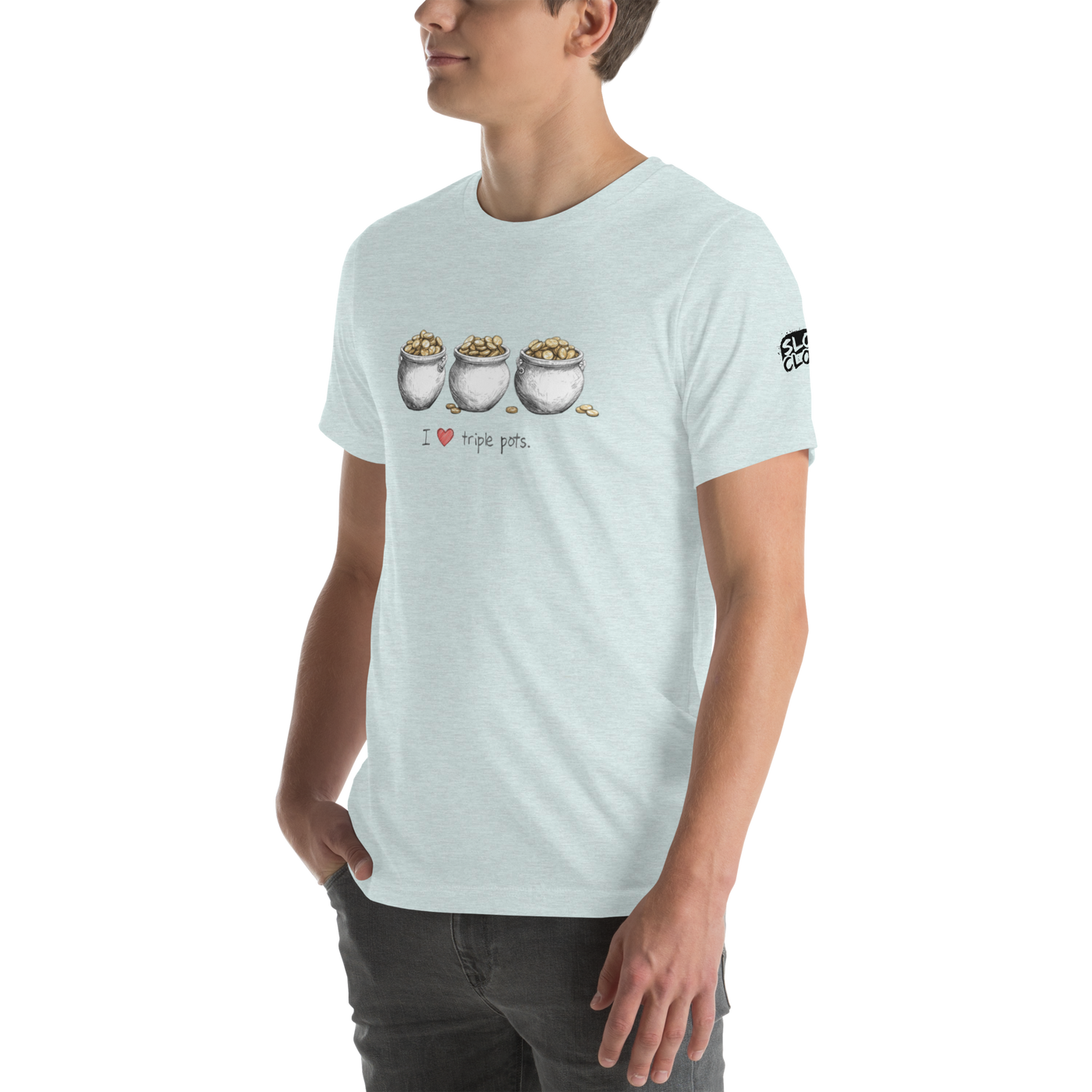 Light blue t-shirt with 'I ❤️ triple pots' and three pots of gold design, perfect for slot enthusiasts.