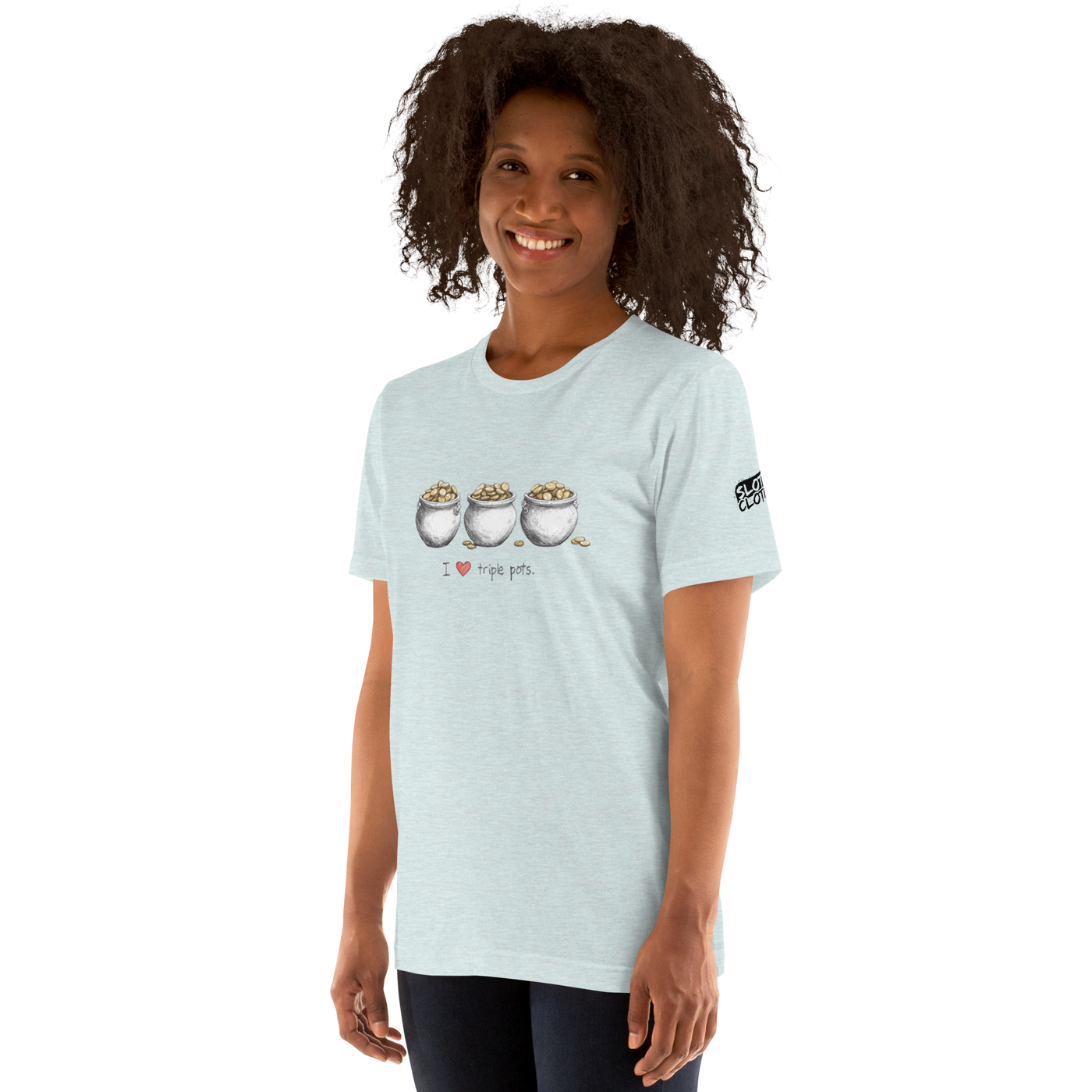 Woman wearing light blue t-shirt with 'I ❤️ triple pots' graphic and three pots of gold, slot-themed apparel