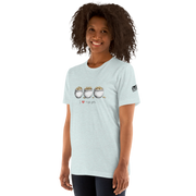Woman wearing light blue t-shirt with 'I ❤️ triple pots' graphic and three pots of gold, slot-themed apparel