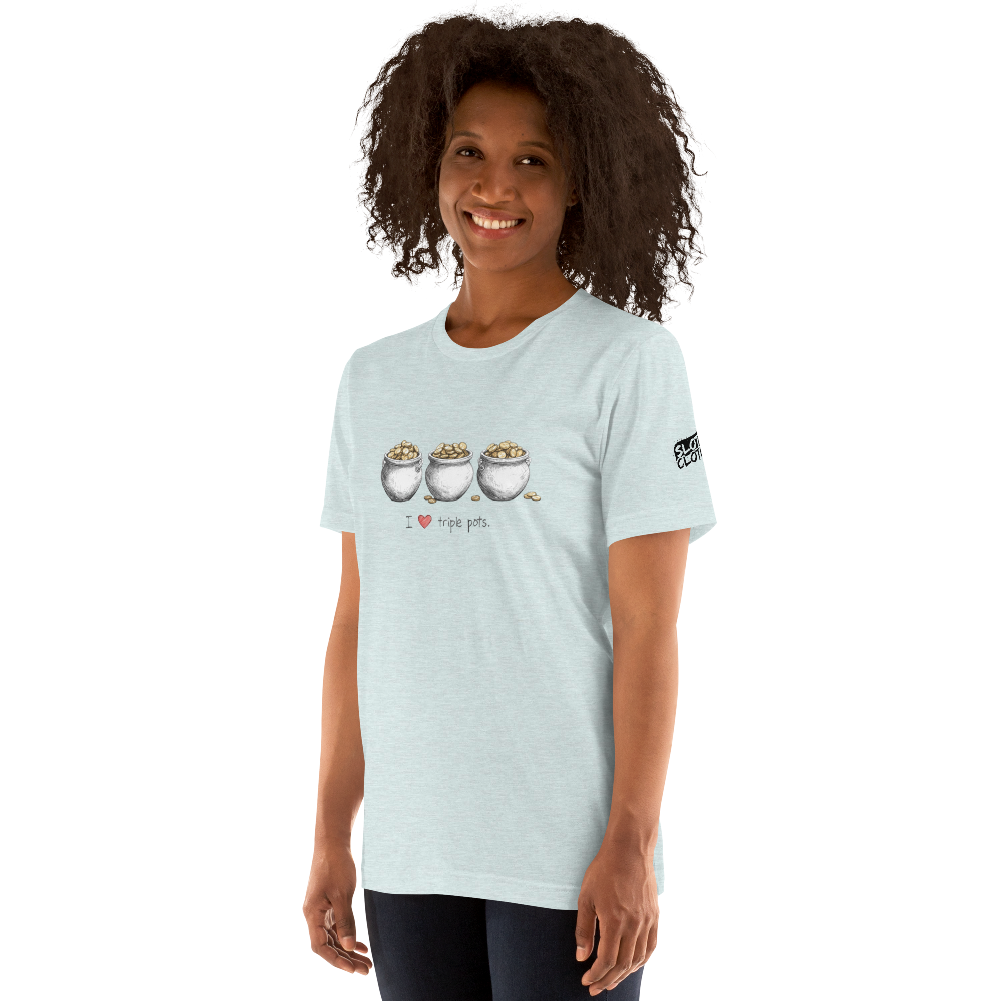 Woman wearing light blue t-shirt with 'I ❤️ triple pots' graphic and three pots of gold, slot-themed apparel