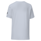 White slot-themed t-shirt with small black logo on sleeve, back view