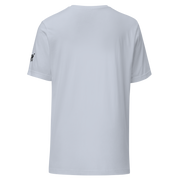 White slot-themed t-shirt with small black logo on sleeve, back view