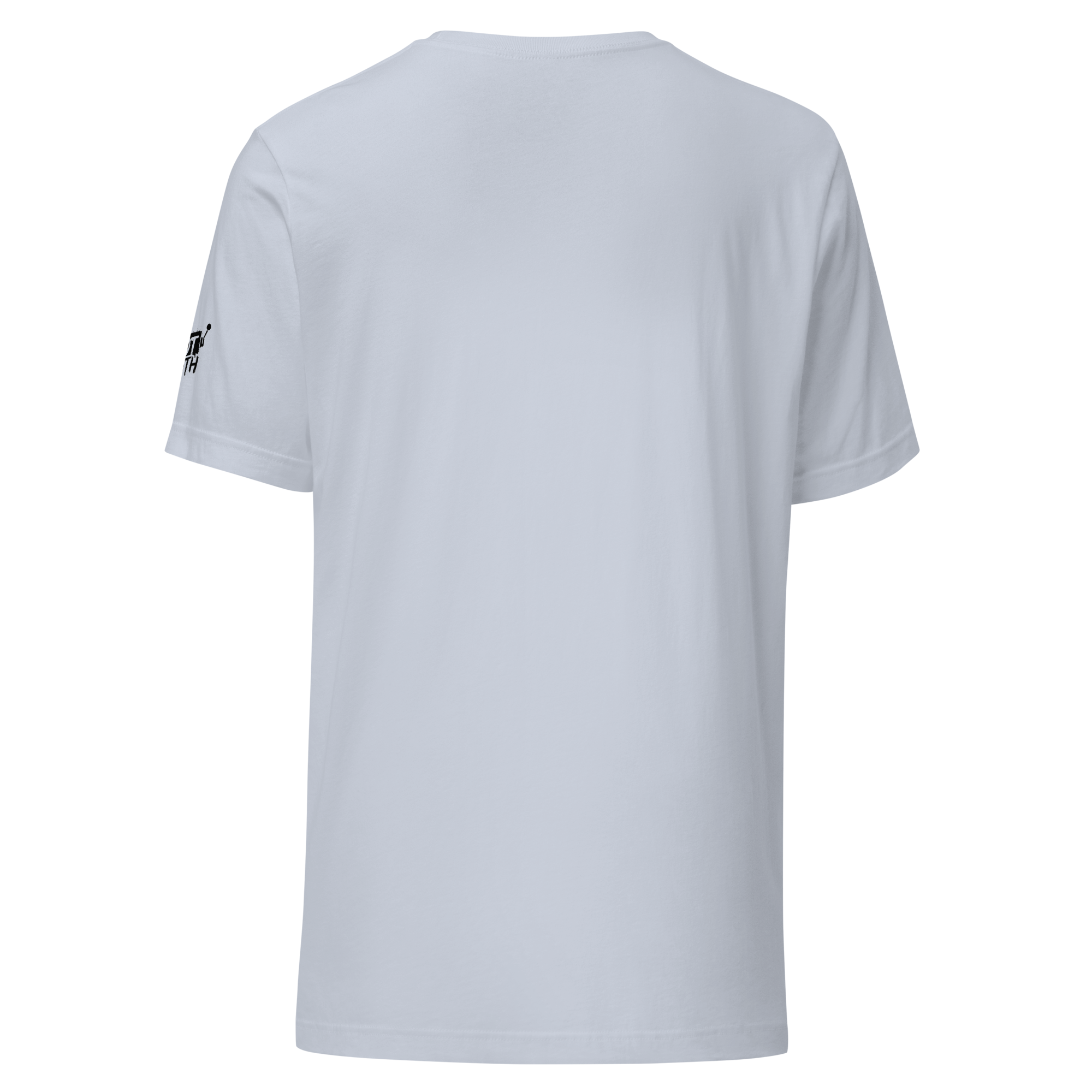 White slot-themed t-shirt with small black logo on sleeve, back view
