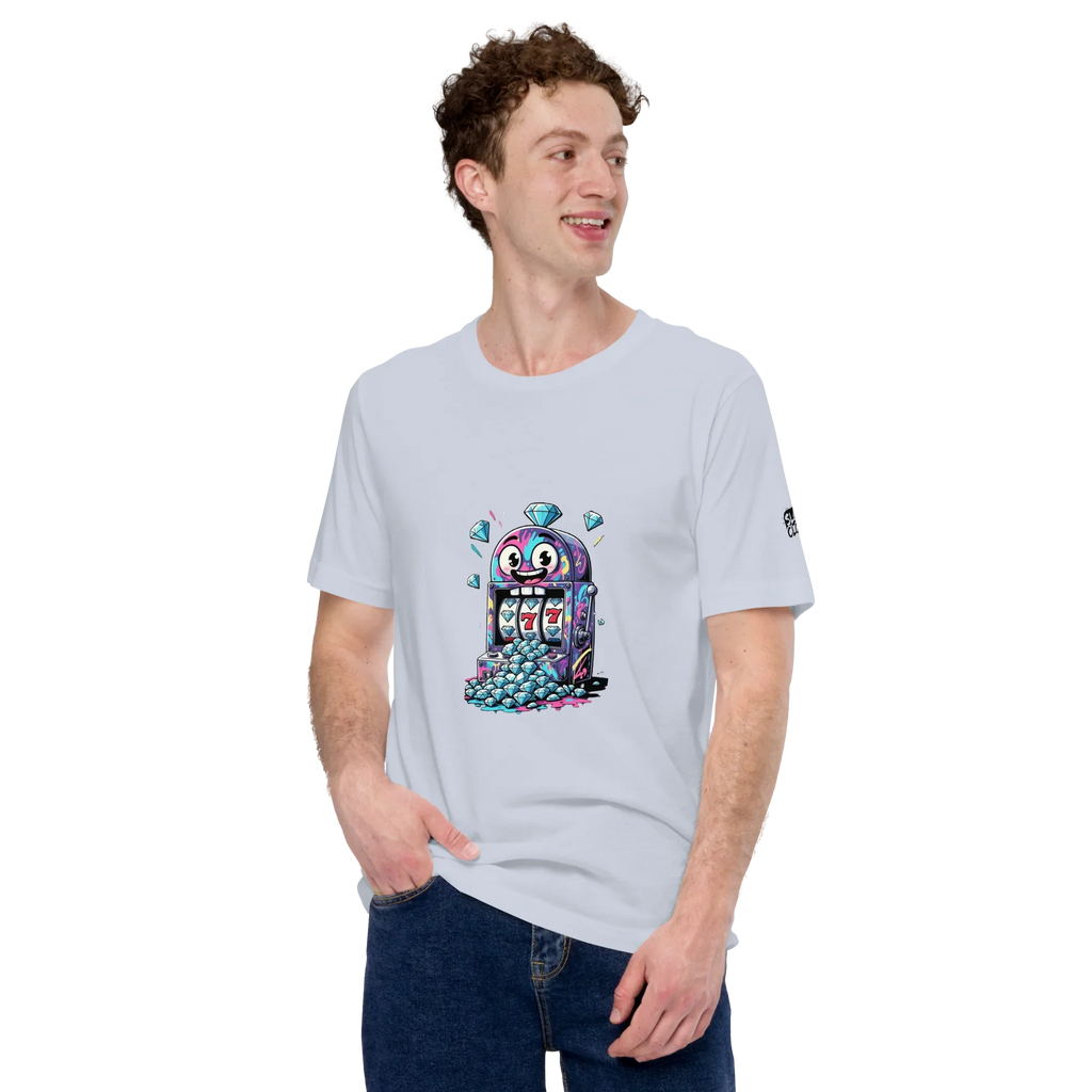 Man wearing light blue t-shirt with colorful slot machine graphic featuring lucky 7s and diamonds