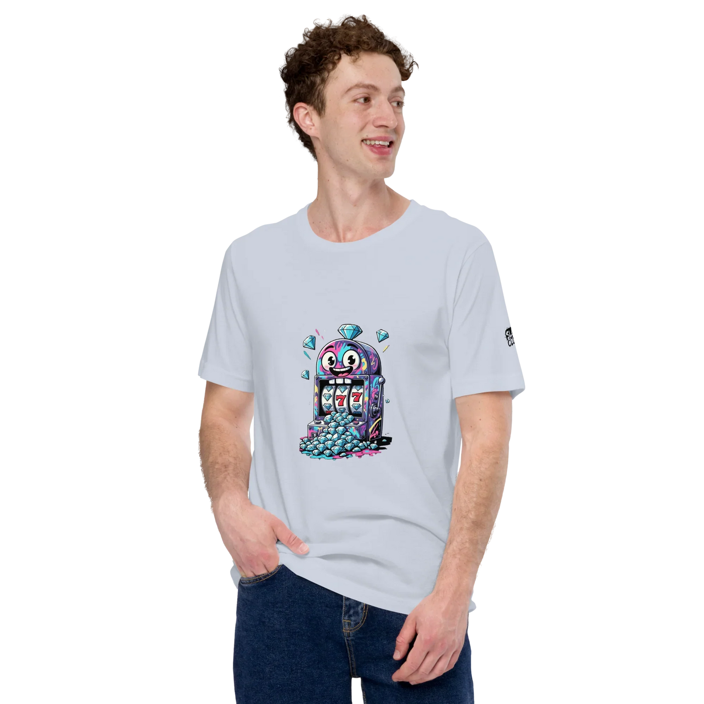 Man wearing light blue t-shirt with colorful slot machine graphic featuring lucky 7s and diamonds