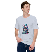 Man wearing light blue t-shirt with colorful slot machine graphic featuring lucky 7s and diamonds