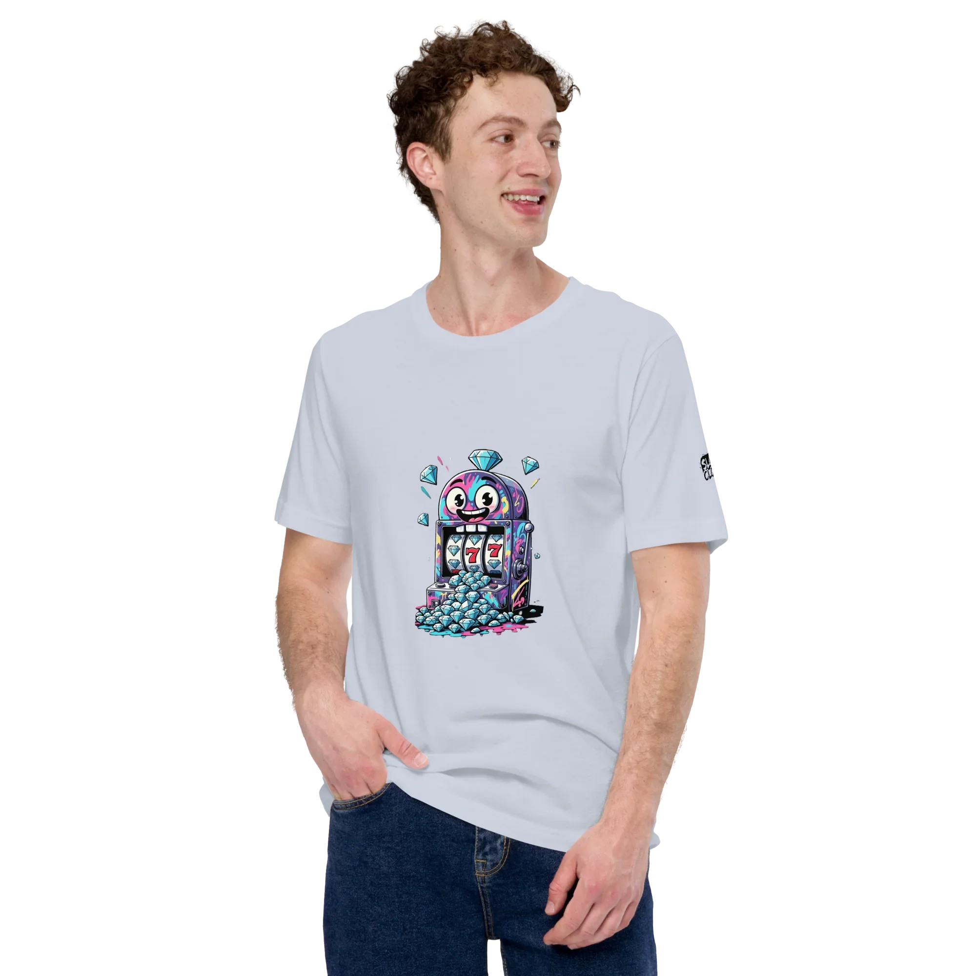 Man wearing light blue t-shirt with colorful slot machine graphic featuring lucky 7s and diamonds