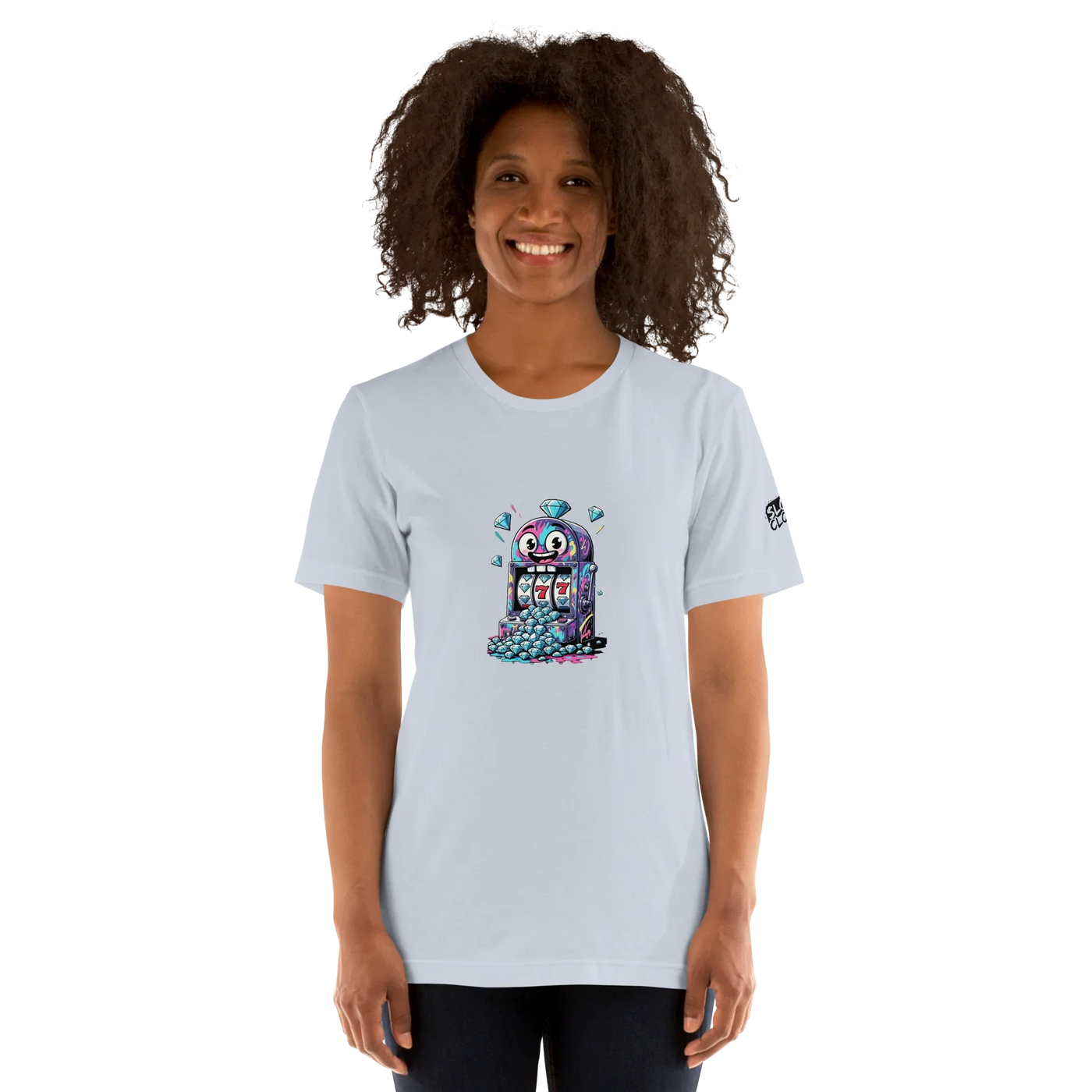 Woman wearing light blue t-shirt with colorful slot machine graphic featuring lucky 7s and diamonds